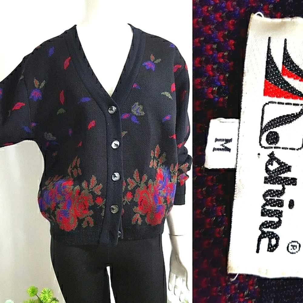 Vtg 90's Shine❤Sweater Short Cardigan Knitted Buttoned Jacket| Floral